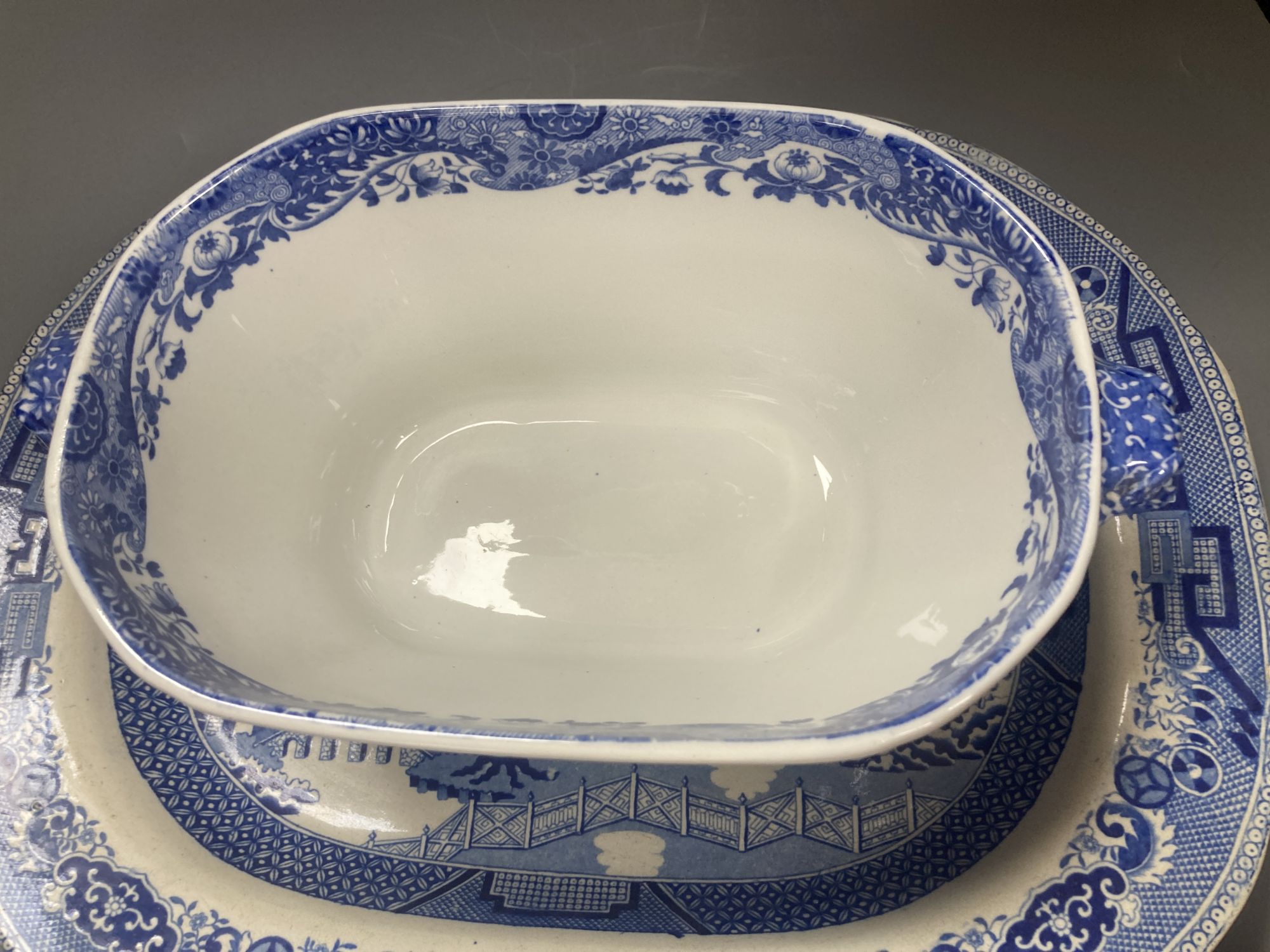 A Copeland Spode blue and white tureen and two Victorian meat platters, longest 43cm